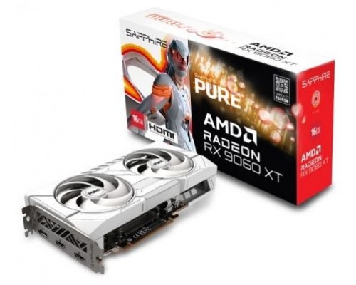 VGA SAPPHIRE PURE RX 9060 XT GAMING OC,AMD,RX9060XT,16GB,GDDR6,128BIT,2HDMI+2DP,ARGB,COLOR BLANCO (3 VENTILADORES) (Espera 4 dias)