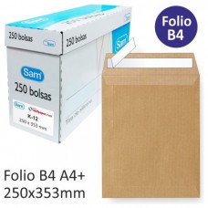 CAJA 250 BOLSAS DIN B4 FOLIO (250X353) KRAFT 90 GRS. AUTOSAM AUTOADHESIVO CON TIRA DE SILICONA SAM 145607 (Espera 4 dias)