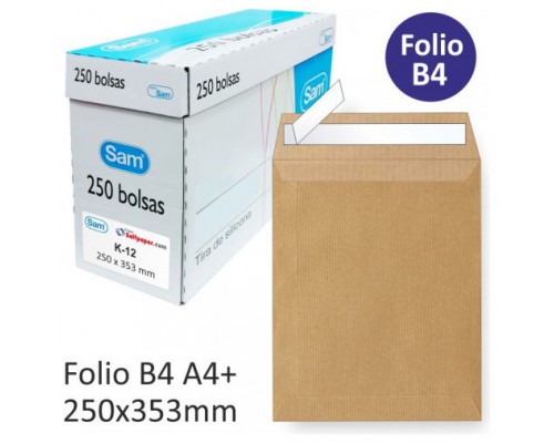 CAJA 250 BOLSAS DIN B4 FOLIO (250X353) KRAFT 90 GRS. AUTOSAM AUTOADHESIVO CON TIRA DE SILICONA SAM 145607 (Espera 4 dias)