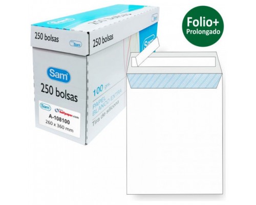 CAJA 250 BOLSAS FOLIO PROLONGADO (260X360) OFFSET BLANCO 100 GRS. OPENSAM AUTOADHESIVO CON TIRA DE SILICONA SAM 149005 (Espera 4 dias)