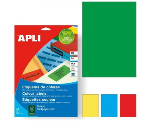 PACK 20 HOJAS (20 UDS) ETIQUETAS VERDES 210X297MM APLI 1602. (Espera 4 dias)