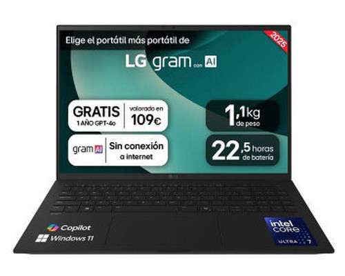 PORTATIL LG GRAM,16",16Z90T, INTEL CORE ULTRA 7, 40,6 CM, 2560 X 1600 PIXELES, 32 GB, 1 TB, WINDOWS 11 HOME (Espera 4 dias)-SX274 PORTATIL LG GRAM,16",16Z90T, INTEL CORE ULTRA 7, 40,6 CM, 2560 X 1600 PIXELES, 32 GB, 1 TB, WINDOWS 11 HOME (Espera 4 dias)