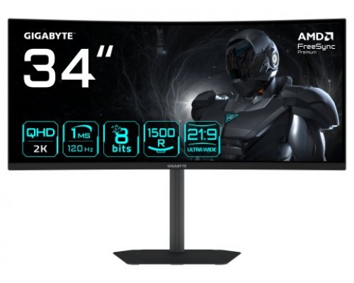 GIGABYTE GS34WQCA Monitor Gaming Curvo 34" WQHD &ndash; 3440 x 1440, 1500R, 120Hz, 1ms, 300 cd/m&sup2;, FreeSync Premium, HDR Ready, HDMI 2.0, DisplayPort 1.4. (Espera 4 dias)