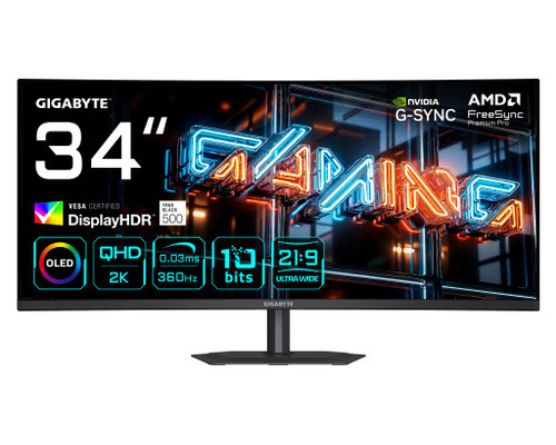 GIGABYTE MO34WQC36 Monitor Gaming Curvo 34&rdquo; WQHD - 3440 x 1440, 360Hz, 0.03ms, KVM, 300 cd/m&sup2;, FreeSync Premium Pro, DisplayHDR True Black 500, HDMI 2.1, DisplayPort 2.1 (Espera 4 dias)
