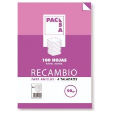 RECAMBIO 90 GRS . 4 TALADROS FOLIO (215X310MM.) 100 HOJAS CUADRÍCULA 4X4 CON MARGEN PACSA 21261 (Espera 4 dias)