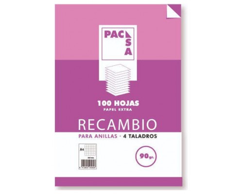 RECAMBIO 90 GRS . 4 TALADROS FOLIO (215X310MM.) 100 HOJAS CUADRÍCULA 4X4 CON MARGEN PACSA 21261 (Espera 4 dias)