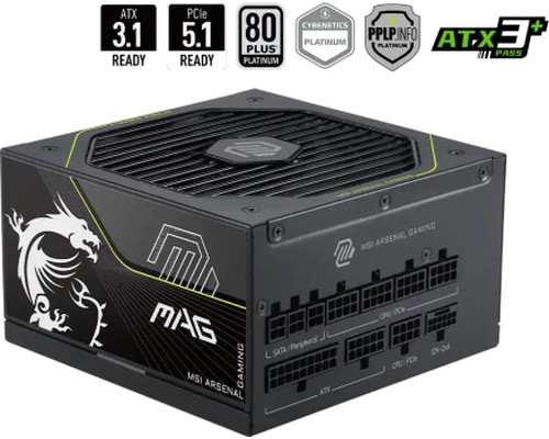 FUENTE ALIMENTACION MSI MAG A1000PLS PCIE5,PSU,1000W,80 PLUS PLATINUM,MODULAR,135MM,ACTIVE PFC,1XPCI-E 5 (12+4 PIN),4XPCI-E (6+2 PIN),8XSATA (15 PIN) (Espera 4 dias)-SX23 FUENTE ALIMENTACION MSI MAG A1000PLS PCIE5,PSU,1000W,80 PLUS PLATINUM,MODULAR,135MM,ACTIVE PFC,1XPCI-E 5 (12+4 PIN),4XPCI-E (6+2 PIN),8XSATA (15 PIN) (Espera 4 dias)