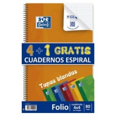 PACK 4+1 CUADERNO ESPIRAL TAPA BLANDA FOLIO 80 HOJAS 4X4 CON MARGEN COLORES VIVOS OXFORD 400027271 (Espera 4 dias)