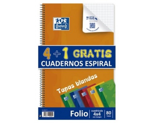 PACK 4+1 CUADERNO ESPIRAL TAPA BLANDA FOLIO 80 HOJAS 4X4 CON MARGEN COLORES VIVOS OXFORD 400027271 (Espera 4 dias)