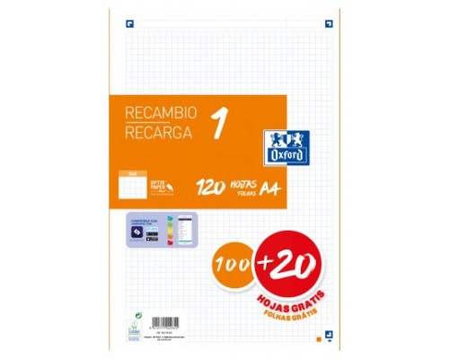 RECAMBIO COLOR 1 A4 100+20 HOJAS 5X5 NARANJA 90GRS OXFORD 400158163 (Espera 4 dias)