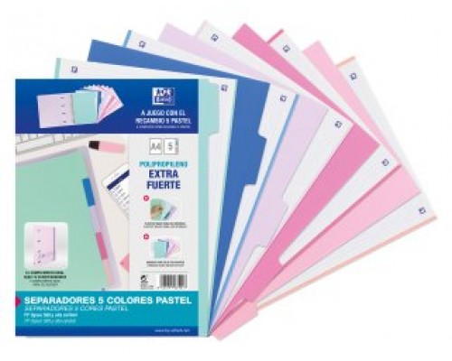 KIT SEPARADORES PP 500 MICRAS A4 5 POSICIONES COLORES PASTEL OXFORD 40015936 (Espera 4 dias)