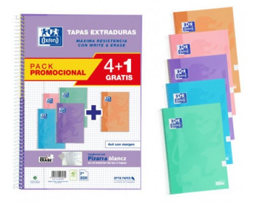 PACK 4+1 CUADERNOS CLASSIC WRITE&ERASE Fº T.EXTRADURA 80H 4X4 COLORES PASTEL OXFORD 400159802 (Espera 4 dias)