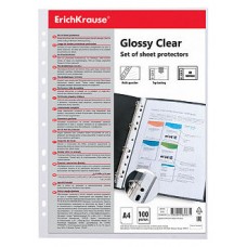 SET DE 100 FUNDAS MULTITALADRAS GLOSSY CLEAR, 60 MCM, A4, TRANSPARENTE ERICH KRAUSE 46703 (Espera 4 dias)