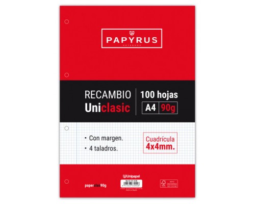 RECAMBIO PAQUETE 100 HOJAS A4 UNICLASIC 90 GR. 4X4 CON MARGEN PAPYRUS 53391000 (Espera 4 dias)