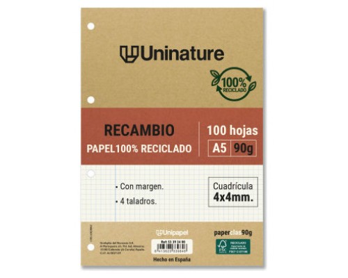 RECAMBIO RECICLADO A5 100 HOJAS 90GR CUADRICULA 4X4 MM CON TALADROS UNINATURE 53393400 (Espera 4 dias)