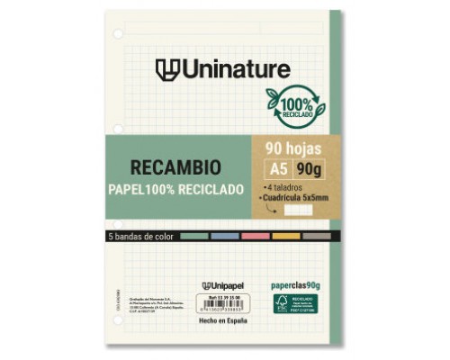 RECAMBIO RECICLADO A5 90 HOJAS 90GR CUADRICULA 5X5 MM CON TALADROS 5 BANDAS COLOR UNINATURE 53393500 (Espera 4 dias)