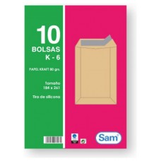 PAQUETES DE 10 BOLSAS KRAFT, CON TIRA DE SILICONA TAMAÑO 184X261 80 GRS. SAM 665099 (Espera 4 dias)