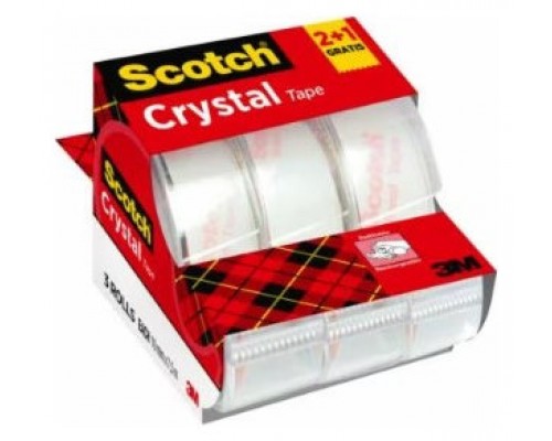 PACK 2+1 ROLLOS CINTA SUPERTRANSPARENTE 19MM × 7,5M CRYSTAL CON DISPENSADOR 6-1975C3 SCOTH 7100088402 (Espera 4 dias)