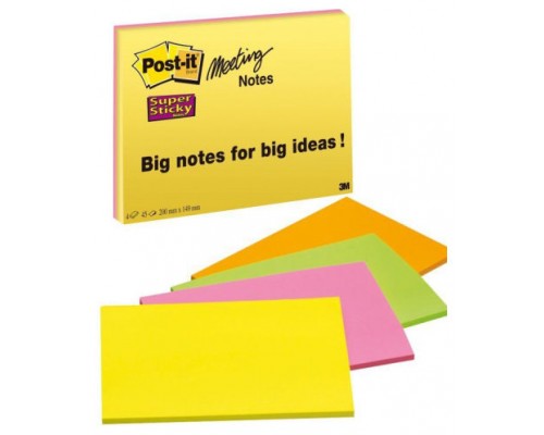 PACK 4 BLOCS 45 HOJAS NOTAS GRANDES ADHESIVAS 101X152MM SUPER STICKY COLORES SURTIDOS NEÓN 6845-SSP POST-IT 7100234637 (Espera 4 dias)