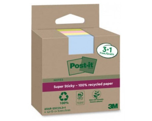 PACK 3+1 BLOCS 90 HOJAS NOTAS RECICLADAS ADHESIVAS 76X76MM SUPER STICKY COLORES SURTIDOS 654 RSSCOL3+1 POST-IT 7100285103 (Espera 4 dias)