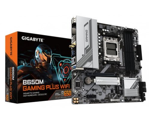 GIGABYTE B650M GAMING PLUS WIFI Placa base - Procesadores AMD Ryzen 9000, VRM de 5+2+2 fases, hasta 8000 MHz DDR5, 2xPCIe 4.0 M.2, LAN 2.5GbE, WIFI 6E, USB 3.2 Gen 1 (Espera 4 dias)
