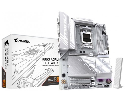 GIGABYTE B850 AORUS ELITE WIFI7 ICE Placa Base - Procesadores AMD Ryzen Serie 9000, VRM digital de 12+2+1 fases, hasta 8200MHz DDR5 (OC), 1xPCIe 5.0 + 2xPCIe 4.0 M.2, LAN 2.5, WIFI 7, USB 3.2 Gen 2x2 (Espera 4 dias)