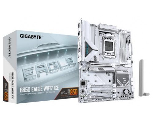 GIGABYTE B850 EAGLE WIFI7 ICE Placa base - Procesadores AMD Ryzen serie 9000, VRM digital de 8+2+2 fases, hasta 8200 MHz DDR5 (O.C.), 1x M.2 PCIe 5.0 + 2x M.2 PCIe 4.0, Wi-Fi 7, LAN 2.5 GbE, USB 3.2 Gen 2 (Espera 4 dias)