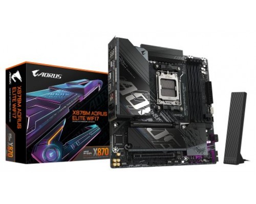 GIGABYTE X870M AORUS ELITE WIFI7 Placa Base – Compatible con procesadores AMD Ryzen 9000, VRM digital de 14+2+2 fases, hasta 8200 MHz DDR5 (OC), 1 x PCIe 5.0 + 1 x PCIe 4.0, Wi-Fi 7, LAN 2.5 GbE, USB 4 (Espera 4 dias)-SX22 GIGABYTE X870M AORUS ELITE WIFI7 Placa Base – Compatible con procesadores AMD Ryzen 9000, VRM digital de 14+2+2 fases, hasta 8200 MHz DDR5 (OC), 1 x PCIe 5.0 + 1 x PCIe 4.0, Wi-Fi 7, LAN 2.5 GbE, USB 4 (Espera 4 dias)