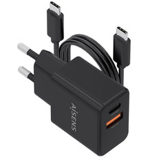 AISENS - CARGADOR GaN 20W CON CABLE USB-C 1M, 1xUSB-C PD3.0, 1xUSB-A QC3.0, NEGRO-SX2 AISENS - CARGADOR GaN 20W CON CABLE USB-C 1M, 1xUSB-C PD3.0, 1xUSB-A QC3.0, NEGRO