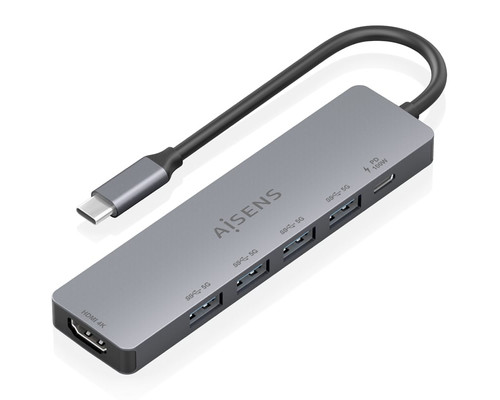 AISENS - USB-C DOCK 6 EN 1, USB-C A 1xHDMI, 4xUSB-A, 1xUSB-C PD 100W, GRIS, 15CM