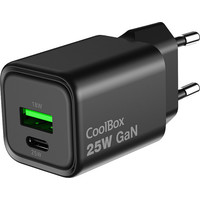 COOLBOX CARGADOR GAN 25W USB-A/USB-C PARED NEGRO