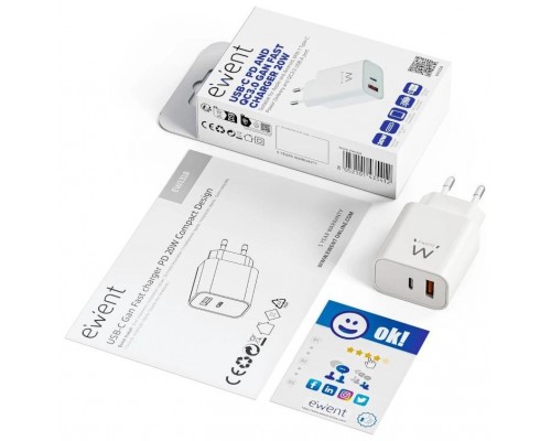 EWENT EW1318 Cargador rápido USB-C PD 20W USB-A QC-SX2 EWENT EW1318 Cargador rápido USB-C PD 20W USB-A QC