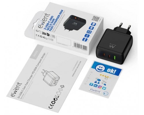 EWENT Cargador Gan Fast 65W 2 USB-C PD-1USB-A QC-SX7 EWENT Cargador Gan Fast 65W 2 USB-C PD-1USB-A QC