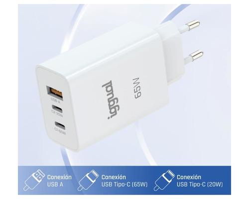 iggual Cargador triple USB-A + 2 x tipo C GaN 65W
