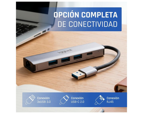 iggual Hub USB-A 5 puertos 3xUSB + RJ45 + tipo C
