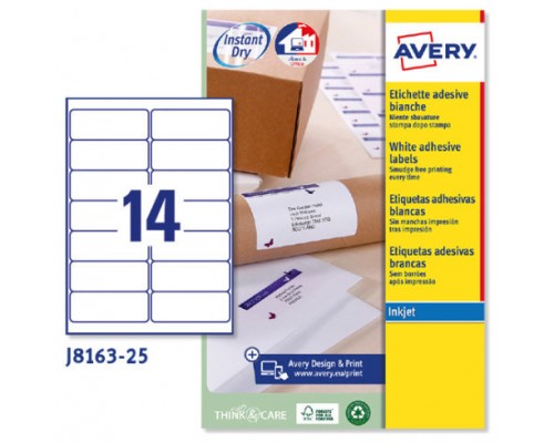 PAQUETE 25 HOJAS ETIQUETAS BLANCAS QUICK DRY-IMPRESORAS DE INYECCIÓN DE TINTA-99,1X38,1 MM AVERY J8163-25 (Espera 4 dias)