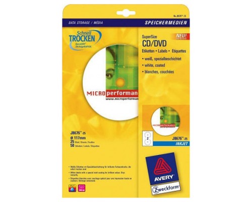 PAQUETE 25 HOJAS ETIQUETAS FULL-FACE NO TOUCH BLANCAS PAPEL CUCHÉ OPACA PARA CD-IMPRESORAS INYECCIÓN TINTA-117 MM AVERY J8676-25 (Espera 4 dias)