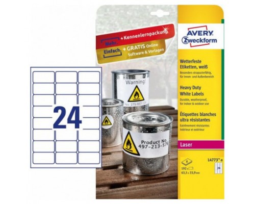 PAQUETE 8 HOJAS ETIQUETAS DE POLIÉSTER BLANCO PARA IMPRESORAS LÁSER 63,5X33,9 MM AVERY L4773-8 (Espera 4 dias)