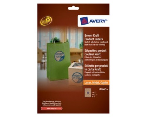 PAQUETE 20 HOJAS ETIQUETAS PARA PRODUCTOS EN PAPEL KRAFT, EFECTO CARTÓN-IMPRESORAS LÁSER/LÁSER DE COLOR/ INYECCIÓN DE TINTA-REDONDAS-60 MM AVERY L7106-20 (Espera 4 dias)