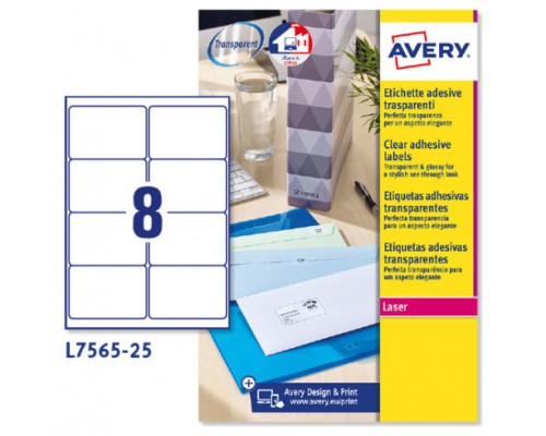 PAQUETE 25 HOJAS ETIQUETAS TRANSPARENTES QUICKPEEL-IMPRESORAS LÁSER 99,1X67,7 MM AVERY L7565-25 (Espera 4 dias)