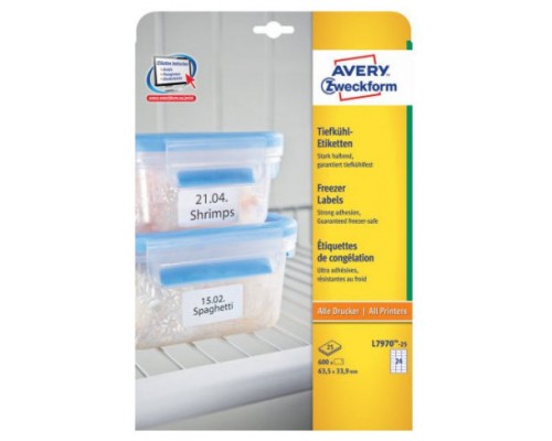 PAQUETE 25 HOJAS ETIQUETAS PARA EL CONGELADOR-IMPRESORAS LÁSER, INYECCIÓN DE TINTA Y FOTOCOPIADORAS-63,5 X 33,9 MM AVERY L7970-25 (Espera 4 dias)