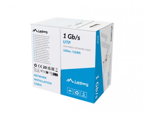 BOBINA CABLE RED LANBERG UTP RJ45 1GB/S SOLIDO CCA AWG23 100M GRIS
