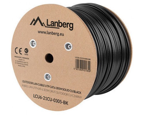 BOBINA CABLE RED LANBERG EXTERIOR UTP RJ45 CAT.6 SOLIDO CU AWG24 305M NEGRO FLU