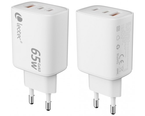 CARGADOR PARED/VIAJE ULTRA SLIM 2xUSB-C/PD + USB-A 65W BLANCO LEOTEC (Espera 4 dias)