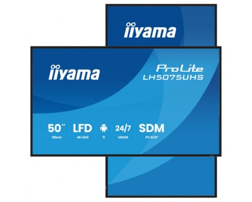 MONITOR TACTIL IIYAMA 50" 3840X2160, UHD VA, 500CD/M2, HORIZ VERT,FAILOVER,MM 2X 10W, HDMI 3X, DP, DP-OUT, USB 2.0 X2, WIFI, LAN, MEDIA PLAY USB, LAN / RS232C, IISIGNAGE2, IISHARE, IICONTROL ANDROID 11, PC-SLOT SDM-L, 24/7, VESA 400X400 (LH5075UHS-B2