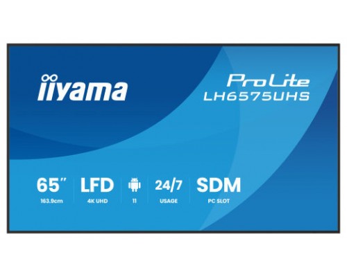 MONITOR IIYAMA 65" (LH6575UHS-B1AG)3840X2160, UHD IPS PANEL, OPERACION 24/7 500CD/M, LANDSCAPE PORTRAIT, SIGNAL FAILOVER, SPEAKERS 2X 10W, MULTIPLE INPUTS (DVI-I (VGA),HDMI 3X, DP-OUT ,USB 2.0 X2, WIFI, LAN, MEDIA PLAY USB PORT, CONTROL LAN/RS232 (Es