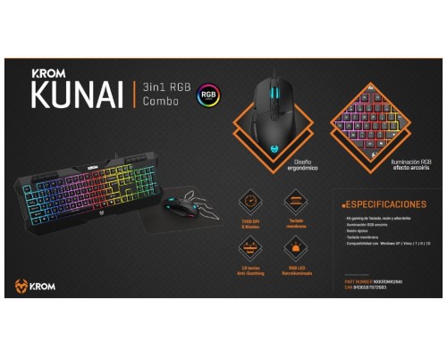 KROM Pack Gaming Kunai, Teclado led , ratón 7200 dpi y alfombrilla