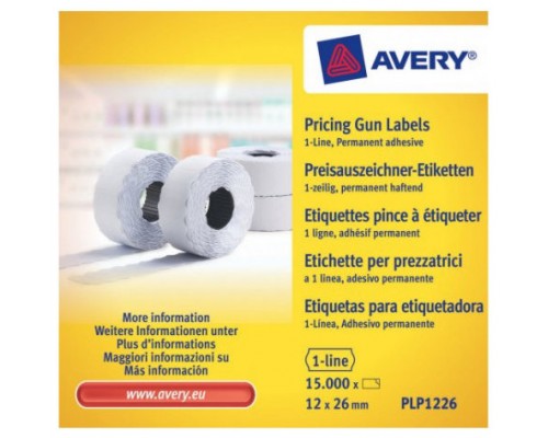 PACK 10 ROLLOS DE ETIQUETAS BLANCAS-PERMANENTES DE 1 LÍNEA-1.500 ETIQUETAS 12X26MM POR ROLLO AVERY PLP1226 (Espera 4 dias)