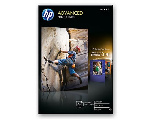 HP Papel fotografico satinado avanzado 250g/m2, 10x15cm, sin bordes, 60 hojas