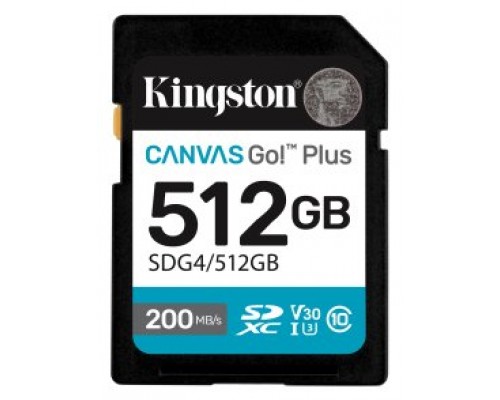 Kingston Technology 512GB SDXC Canvas Go Plus Gen4 200MB/s C10 UHS-I U3 V30 (Espera 4 dias)